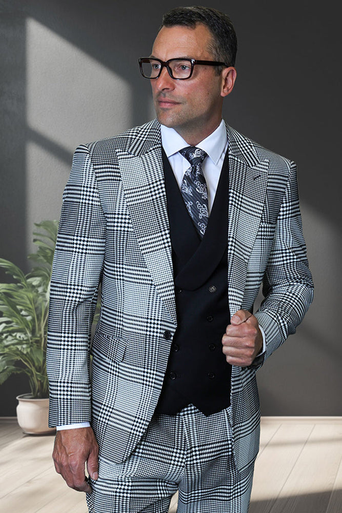 Men's Designer One Button Peak Lapel Italian Wool Suit with Double Breasted Vest in Black & White Houndstooth Plaid