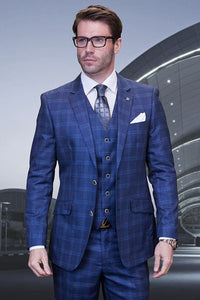 Men's Designer Wool Two Button Vested Modern Fit Plaid Suit in Indio Blue