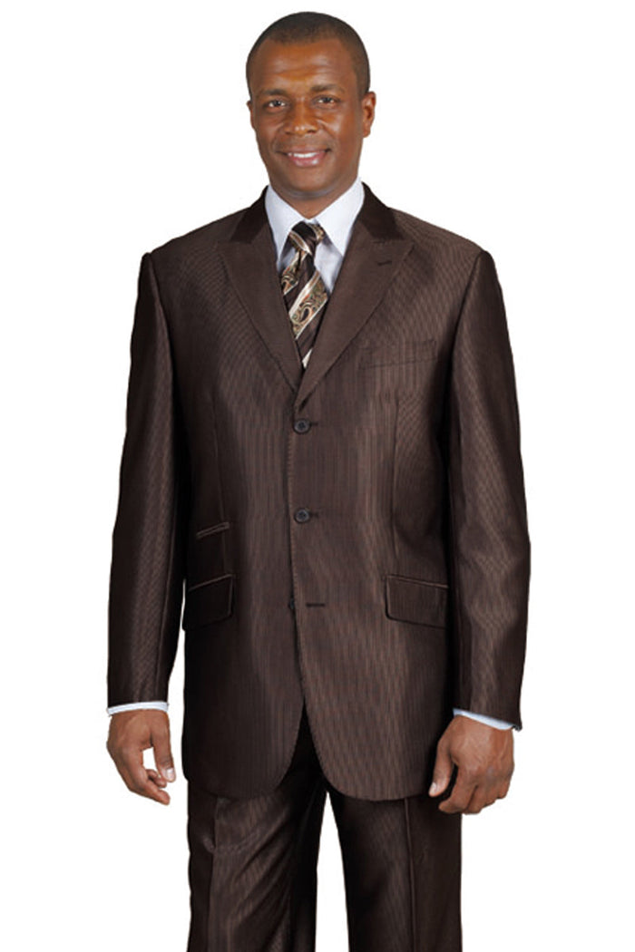 Mens 3 Button Peak Lapel Shiny Sharkskin Micro Pinstripe Suit in Brown