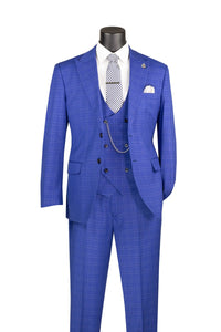 Men's Classic Blue Windowpane Three Piece Suit