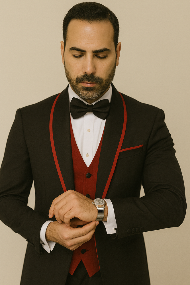 Statement Men's Black with Red Lapel Vested 100% Wool Tuxedo