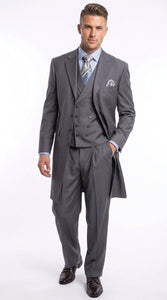 Men’s Grey 4-Button Zoot Suit – Four Buttons 3-Piece Fashion Suit with Double-Breasted Vest and Pleated Pants