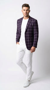 Men's Purple Windowpane Sport Coat – Classic Fit Plaid Blazer Jacket for Business, Wedding & Casual Wear