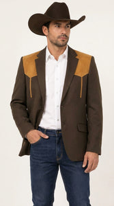 Men’s Chocolate Brown Western Blazer – Cowboy Sport Coat with Tan Suede Yoke for Rodeo & Country Wear