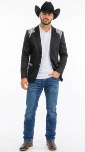 Men’s Black & White Western Blazer – Cowboy Sport Coat with Embroidered Shoulder & Back Design