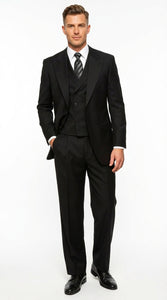 Tiglio Mens Black 3 Piece Suit – Single Button Classic Fit Pleated Wide Leg Pants Formal Business Chruch Suit - 100% Wool