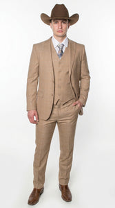 Men’s Khaki Tan Plaid Western Cowboy 3-Piece Suit – Texture Plaid windowpane Blazer, Vest & Pants