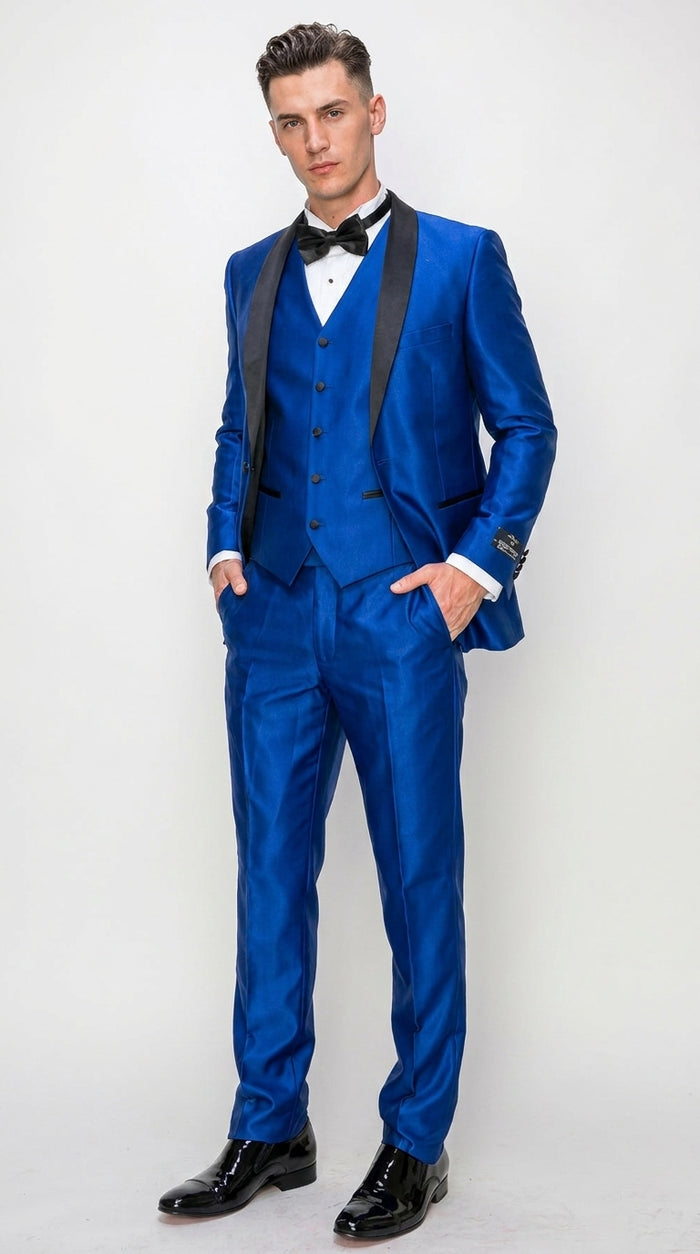 Men’s Shiny Royal Blue 3 Piece Tuxedo – Vested Wedding & Prom Suit with Black Shawl Lapel