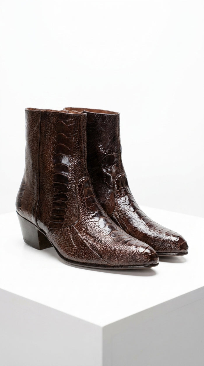 Men’s Brown Cuban Heel Boots – Exotic Ostrich Leg & Ostrich Quill Pointed Toe Dress Boots By Los Altos