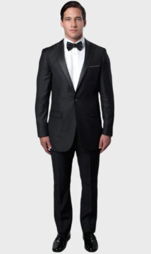 Big and Tall Tuxedo - Charcoal 1 Button Flat Front Pants Satin Peak Lapel Tuxedo