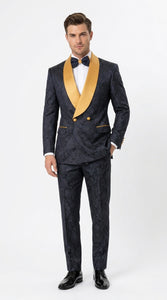 Men’s Black and Gold Hollywood Tuxedo – Double-Breasted Shawl Lapel Prom, Wedding and Formal Suit