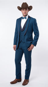 Men’s Teal Blue Western Tuxedo Suit, 3 Piece Cowboy Formal Wedding Prom Suit with Black Shawl Lapel Saphire