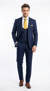 Mens Vitali 3 Piece Suit W/Scoop Vest Navy Blue 3-Piece Suit – Big Peak Lapel  Vest and Pants  Modern Fit Two Buttons