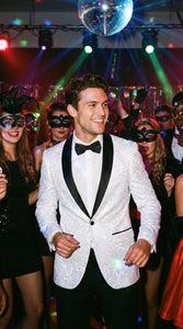 Men’s White Dinner Jacket Disco Blazer 1980s Sequin Style Jacket – Black Lapel Party Blazer, Formal Masquerade Club Wear Paisley Fabric + Bowtie