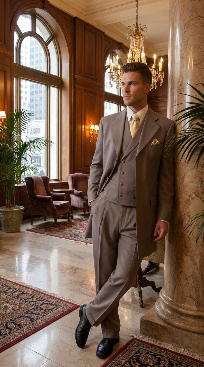 Men’s Light Kahki Sand 3-Piece Suit – Six-Button Jacket with Double-Breasted Vest and Pleated Pants Tan Color