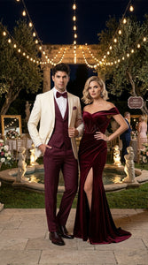 Men’s Cream Ivory and Burgundy 3 Piece Tuxedo Suit, Vested Formal Wedding Prom Dinner Suit in Cream Off White Color