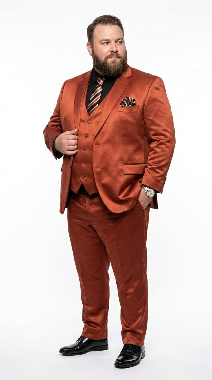 Men’s Rust Copper Coganc Shiny Sateen 3 Piece Suit, Vested Formal Wedding Prom Suit Set Ultra Slim Fit