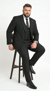 Men’s Black Tonal Shadow Pinstripe Vested Suit – 3 Piece Classic Fit Formal Wedding & Business Suit By Vitali