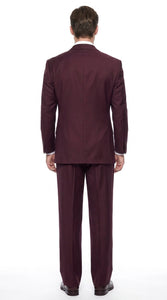 Tiglio Rosso Men’s Burgundy Wool Suit – Classic Fit Big Lapel Suit with Wide Leg Pleated Pants & Side Vents