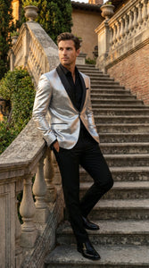 Men’s Shiny Silver Blazer with Black Lapel – Luxury Metallic Formal Jacket for Party, Evening and Special Events