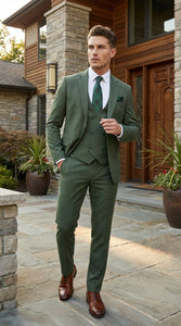 Men’s Forest Green Three Piece Suit – Double Breasted Vest Formal Wedding and Business Suit Set Olive Green Slim Fit