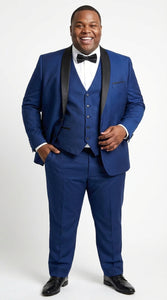 Men’s Shiny Sharkskin Saphire Royal Blue Tuxedo 3 Piece Suit with Black Shawl Lapel | Formal Wedding Prom Suit Shiny Fabric