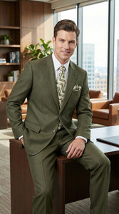 Men’s Olive Green Tuxedo With Trim Collar – Formal Wedding, Prom Suit Modern Fit