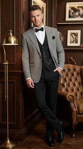 Men’s Black and White Houndstooth Gatsby Inspired Suit – Vintage Style Formal Suit for Wedding, Prom and Classic Events Blazer + Black vest + Black Pants