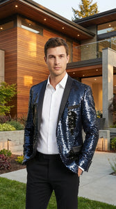 Men’s Navy Sequin Blazer – Navy Blue Sparkle Sequin Formal Blazer with Satin Lapel for Prom, Party and Evening Events