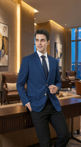 Men’s Sapphire Indigo Cobalt Blue Blazer with Gold Buttons – Classic Single Breasted Formal Business Jacket for Office, Wedding