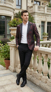 Men’s Black and Burgundy Sequin Blazer – Black Sparkle Sequin Party Blazer with Burgundy Pattern for Prom, Wedding Slim Fitted