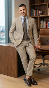 Men’s Light Tan Tweed Suit – Classic Beige Two Piece Suit, Herringbone Formal Wear, Vintage Style Business & Wedding Outfit for Men