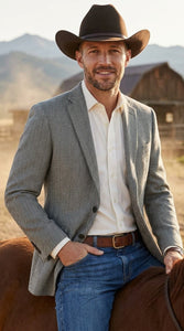 Men’s Light Grey & Black Herringbone Western Blazer – Cowboy Sport Coat Jacket