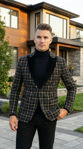 Mens Tartan Black and Gold Check Blazer – Windowpane Plaid Sport Coat Velvet Lapel Formal Party Jacket Chirsitmas New Year Holiday Jacket