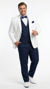 Men’s White and Navy blue tuxedo  3 Piece Suit – Classic White Blazer with Navy Vest and Pants for Wedding, Party + Bowtie