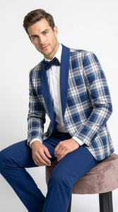 Men’s Tartan Blue Plaid and Solid Blue Tuxedo – Modern Check Pattern Formal Suit for New Year - Christmas - Holiday Jacket with Pants