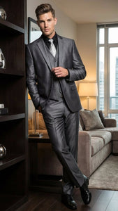 Mens Charcoal Gray Suit With Sheen -  | Shiny Texture Fabric Three Piece Wedding and Party Business