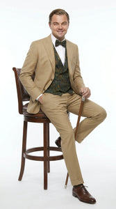 Men’s Khaki 3 Piece Suit with Patterned Vest, Great Gatsby Inspired Formal Suit for Weddings, Mardi Gra in Tan Camel Color