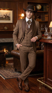 Men’s Brown Pinstripe Western Cowboy Tuxedo, Contrast Shawl Lapel Formal Suit for Weddings, Prom, Parties, and Special Occasions