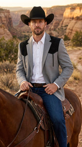 Men’s Grey Western Blazer with Black Suede Yoke – Cowboy Sport Coat for Rodeo, Country Wedding & Ranch Wear