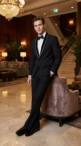 Men’s 1970s Style Black Boot Cut Tuxedo Suit – Shawl Lapel Wedding, Prom and Formal 2-Piece Suit