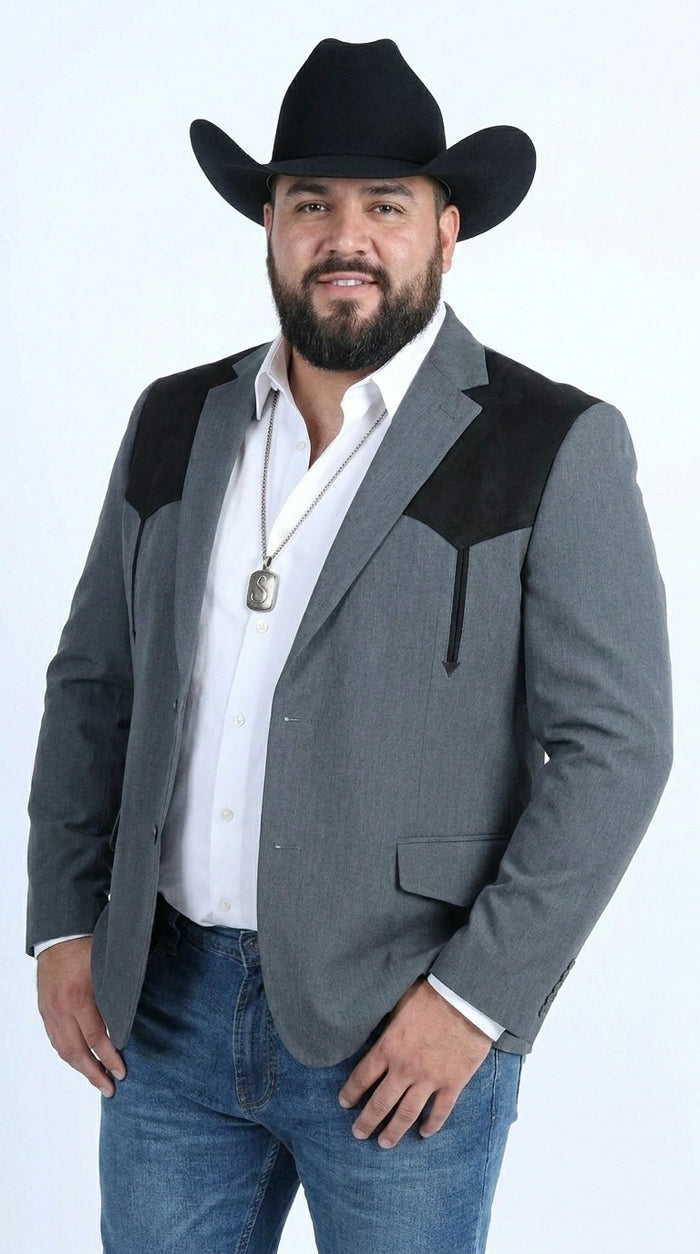 Men’s Dark Charcoal Western Blazer with Black Suede Yokes, Cowboy Sport Coat for Ranch Wedding and Country Events By Platini