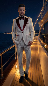 Men’s White and Dark Red Pinstripe Tuxedo with Velvet Shawl Lapel – Formal Dinner Blazer Prom Christmas New Year Holiday Suit