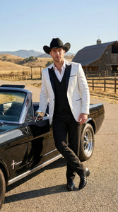 Men’s White Paisley Cowboy Tuxedo with Black Satin Lapel – Western Formal Wedding Suit Jacket