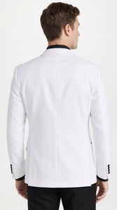 Men's White Double Breasted Tuxedo Dinner Jacket with Black Satin Peak Lapel – Formal Wedding Prom Blazer