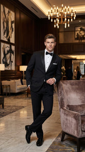 Men’s Black Uniform Tuxedo – One-Button Satin Lapel Formal Suit for Weddings, Prom and Events