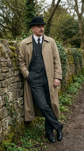 Men’s Beige Cotton Trench Coat Suit Package – Classic Long Overcoat for Formal + Suit + Hat