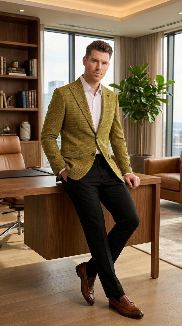Men’s Mustard Gold Yellow Houndstooth Blazer Jacket, Check Pattern Formal Sport Coat for Weddings, Prom, Business 2 Buttons Modern Fit