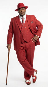 Men’s Red & White Pinstripe 3-Piece Suit by Mazari – Peak Lapel Classic Fit Gangster Suit with Pleated Pants