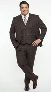 Men’s Vitali 3PC Suit – Choclate Brown and blue Plaid Check 3-Piece Suit with Double-Breasted Vest Modern Fit Side Vented
